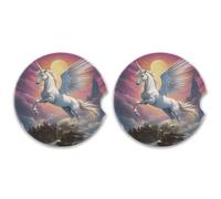 SKYSHU Lot de 2 dessous de verre ronds en forme de licorne pour boissons, porte-gobelet de voiture en céramique absorbant avec base en liège et poignée du bout des doigts pour un nettoyage facile, 6,5