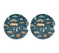 SKYSHU Lot de 2 dessous de verre ronds en forme de voiture de dessin animé pour boissons, porte-gobelet en céramique absorbant avec base en liège et poignée du bout des doigts pour un nettoyage facile