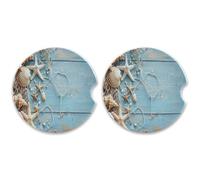 SKYSHU Lot de 2 dessous de verre ronds en forme d'étoile de mer en bois pour boissons, porte-gobelet de voiture en pierre céramique absorbant avec base en liège et poignée du bout des doigts pour un