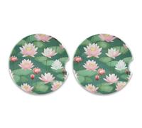 SKYSHU Lotus Lot de 2 dessous de verre ronds en céramique pour boissons avec base en liège et poignée du bout des doigts pour un nettoyage facile, 6,5 cm