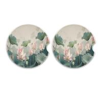 SKYSHU Lotus Lot de 2 dessous de verre ronds en céramique pour boissons avec base en liège et poignée du bout des doigts pour un nettoyage facile, 6,5 cm