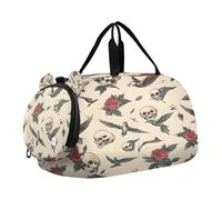 SKYSHU Old School Tattoo Grand sac de nuit imperméable à bandoulière amovible avec compartiment à chaussures et poche humide