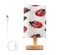 SKYSHU Petite lampe de chevet à DEL en forme de coccinelles avec base en bois antidérapante et abat-jour agréable pour les yeux pour salon, chambre à coucher, dortoir, maison, bureau
