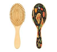 SKYSHU Pizza Brosse à cheveux ovale en bois naturel avec poils en bois confortables, démêlante et coiffante pour femmes, hommes et enfants, tous types de cheveux (cheveux mouillés, secs et abîmés)
