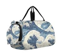 SKYSHU Sea Waves Grand sac de week-end imperméable, bandoulière amovible, sac de gym avec compartiment à chaussures et poche humide