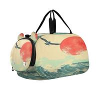 SKYSHU Sea Waves Grand sac de week-end imperméable, bandoulière amovible, sac de gym avec compartiment à chaussures et poche humide