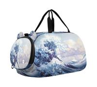SKYSHU Sea Waves Grand sac de week-end imperméable, bandoulière amovible, sac de gym avec compartiment à chaussures et poche humide