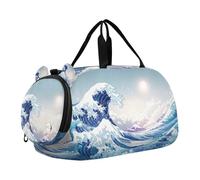 SKYSHU Sea Waves Grand sac de week-end imperméable, bandoulière amovible, sac de gym avec compartiment à chaussures et poche humide