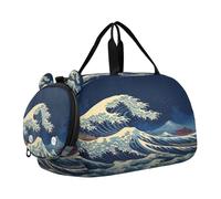 SKYSHU Sea Waves Grand sac de week-end imperméable, bandoulière amovible, sac de gym avec compartiment à chaussures et poche humide