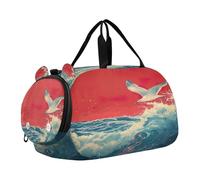 SKYSHU Sea Waves Grand sac de week-end imperméable, bandoulière amovible, sac de gym avec compartiment à chaussures et poche humide