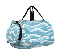 SKYSHU Sea Waves Grand sac de week-end imperméable, bandoulière amovible, sac de gym avec compartiment à chaussures et poche humide