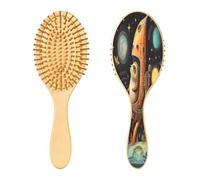SKYSHU Space Animal Brosse à cheveux ovale en bois naturel avec poils en bois confortables, démêlante et coiffante pour femmes, hommes et enfants, tous types de cheveux (cheveux mouillés, secs et