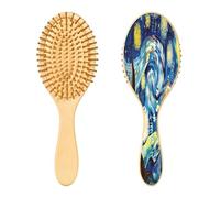 SKYSHU Starry Night Brosse à cheveux en bois naturel avec poils en bois confortables Brosse à démêler ovale pour femmes, hommes et enfants, tous types de cheveux
