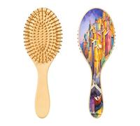 SKYSHU Village Boats Brosse à cheveux ovale en bois naturel avec poils en bois confortables, démêlante et coiffante pour femmes, hommes et enfants, tous types de cheveux (cheveux mouillés, secs et