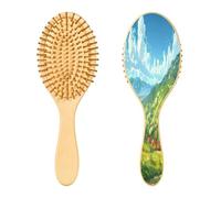 SKYSHU Village Mountain Brosse à cheveux ovale en bois naturel avec poils en bois confortables, démêlante et coiffante pour femmes, hommes et enfants, tous types de cheveux (cheveux mouillés, secs et