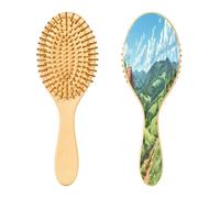 SKYSHU Village Mountain Brosse à cheveux ovale en bois naturel avec poils en bois confortables, démêlante et coiffante pour femmes, hommes et enfants, tous types de cheveux (cheveux mouillés, secs et