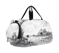 SKYSHU Vintage Farm Grand sac de week-end imperméable avec bandoulière amovible Compartiment à chaussures et poche humide