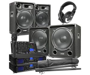 SKYTEC 1215 Set Complet 2200 Watts, Enceinte 12 Pouces, Caisson de Basse 15 Pouces, Mélangeur 4 Canaux Vonyx, Amplificateurs Skytec SPL, Câbles et Installation