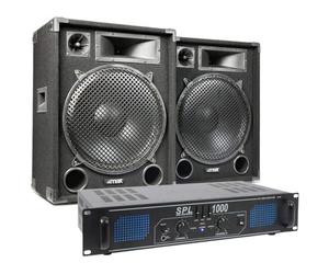 SKYTEC Pack Complet Max15 - Enceinte Passive Puissante 15" 1000W avec Amplificateur 2X 500W, Câbles Haut-Parleurs Intégrés, Idéal pour Soirées et Karaokés