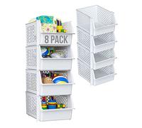 Skywin Lot de 8 bacs de rangement empilables en plastique pour garde-manger - Bacs empilables pour organiser les aliments, la cuisine et la salle de bain (blanc)