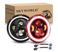 SKYWORLD 7 Pouces Rond Phare Auto Moto LED, 50W Phare de Travail Blanc Rouge 4 Modes Eclairages Rond Feux LED Off Road Feu Croisement DRL HI LO Beam pour Wrangler JK TJ LJ CJ Hummber