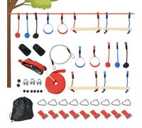Outsunny Parcours d'obstacles Ninja pour Enfants 30 Accessoires 10 m de Slackline et Sac de Transport Bleu Noir Rouge