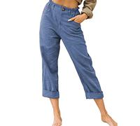 Slacks for Women Elastic Breathable Trousers Loose Linen Cotton Waist Casual Pants with Pocket,Denim Blue,L