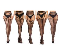 Slakerbe 5 paires de bas à bretelles sexy noirs pour femmes, collants résille, bas résille, bas résille élastique taille haute, collants résille