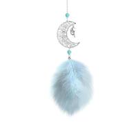 Slakerbe Attrape-rêves avec plumes, mini ornement créatif à suspendre pour voiture, design de lune creuse, décoration faite à la main, cadeau d'art pour chambre à coucher, bleu