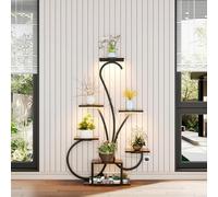 Slakerbe Support pour plantes d'intérieur avec lumières LED de croissance - 120 cm - Étagère en bois et métal - 6 étages - Étagère incurvée pour plantes d'intérieur - Noir
