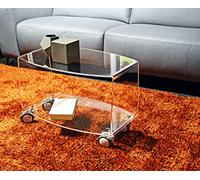 Slato Olimpia Table basse ou chariot TV à deux étages avec roulettes de salon, table de canapé, salon, design moderne en cristal acrylique transparent, fabriqué en Italie