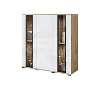Slavia Maison Buffet Bahut Caro HB120 avec Éclairage LED Blanc et Wotan avec des façades Blanches, Vitrine Moderne avec Verre et Cadre Noir, Étagères Réglables, Push to Open