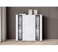 Slavia Maison Buffet Bahut Caro HB120 Blanc et Façades Blanc Brillant, Vitrine Moderne avec Verre et Cadre Noir, Étagères Réglables, Push to Open