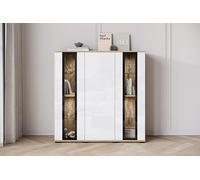 Slavia Maison Buffet Bahut Caro HB120 Commode de Salon Wotan, Blanc Brillant, Vitrine Moderne avec Verre et Cadre Noir, Étagères Réglables, Push to Open