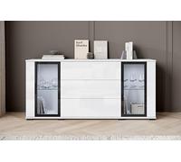 Slavia Maison Buffet Bahut Caro SB150 avec 3 Tiroirs Blanc et Façades Blanc Brillant, Commode pour Le Salon ou la Chambre à Coucher, Vitrine Moderne avec Verre et Cadre Noir, Push to Open
