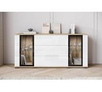 Slavia Maison Buffet Bahut Caro SB150 avec 3 Tiroirs Wotan aux façades Blanches, Commode pour Le Salon ou la Chambre à Coucher, Vitrine Moderne avec Verre et Cadre Noir, Push to Open