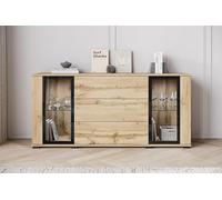 Slavia Maison Buffet Bahut Caro SB150 avec 3 Tiroirs Wotan, Commode pour Le Salon ou la Chambre à Coucher, Vitrine Moderne avec Verre et Cadre Noir, Push to Open