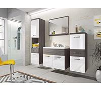 Slavia Maison Ensemble de Meubles de Salle de Bain Alba, Meuble Salle de Bain avec Vasque et Miroir, Salle de Bain Complete Suspendue, Armoires et Tiroirs, Corps Badega et Façades Blanc Brillant