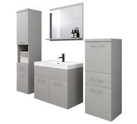 Slavia Maison Ensemble de Meubles de Salle de Bain Alba, Meuble Salle de Bain avec Vasque et Miroir, Salle de Bain Complete Suspendue, Armoires et Tiroirs, Gris Palladium et Beige Cachemire