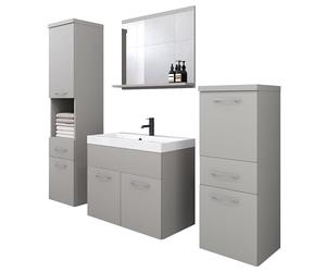 Slavia Maison Ensemble de Meubles de Salle de Bain Alba, Meuble Salle de Bain avec Vasque et Miroir, Salle de Bain Complete Suspendue, Armoires et Tiroirs, Gris Palladium et Beige Cachemire