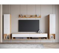 Slavia Maison Ensemble Meuble TV Amadeo II Mural Suspendu avec Éclairage LED, Couleur Wotan et Façades Blanc Brillant, Design Moderne avec Armoires, Panneau Stratifié