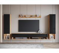 Slavia Maison Ensemble Meuble TV Amadeo II Mural Suspendu avec Éclairage LED, Couleur Wotan et Façades Noir Brillant, Design Moderne avec Armoires, Panneau Stratifié