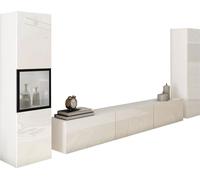 Slavia Maison Ensemble Meuble TV Berlin III Mural Suspendu ou sur Pied avec Vitrine en Verre et Éclairage LED, Design Moderne, Panneau Stratifié, Armoire, Blanc Mat et Façades Blanc Brillant