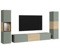 Slavia Maison Ensemble Meuble TV Berlin III Mural Suspendu ou sur Pied avec Vitrine en Verre et Éclairage LED, Design Moderne, Panneau Stratifié, Armoire, Vert Brumeux avec Une Touche de chêne huilé