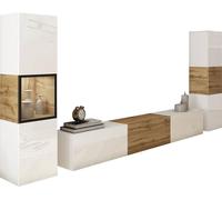 Slavia Maison Ensemble Meuble TV Berlin III Mural Suspendu ou sur Pied avec Vitrine en Verre et Éclairage LED, Design Moderne, Panneau Stratifié, Armoire, Wotan et Façades Blanc Brillant