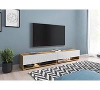Slavia Maison Grand Meuble TV Banc TV Lowboard 180, Commode de salon Suspendue ou Sur Pieds, Design Moderne Sans Poignées, Stratifié, Finition Corps Chêne Wotan et Façades Blanc Brillant