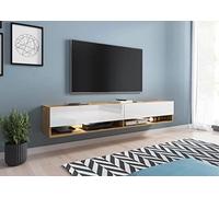 Slavia Maison Grand Meuble TV Banc TV Lowboard LED 180, Commode de salon Suspendue ou Sur Pieds, Éclairage, Sans Poignées, Stratifié, Finition Corps Chêne Wotan et Façades Blanc Brillant