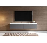 Slavia Maison Meuble TV Lowboard 140, Banc TV Suspendu ou sur Pieds, Commode de Salon sans Poignées, Stratifié, Corps Blanc Mat et Façades Gris Brillant
