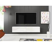 Slavia Maison Meuble TV Lowboard 140, Banc TV Suspendu ou sur Pieds, Commode de Salon sans Poignées, Stratifié, Corps Blanc Mat et Façades Blanc Brillant