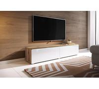 Slavia Maison Meuble TV Lowboard LED 140, Banc TV Suspendu ou sur Pieds, Commode de Salon sans Poignées, Éclairage, Stratifié, Corps Wotan et Façades Blanc Brillant